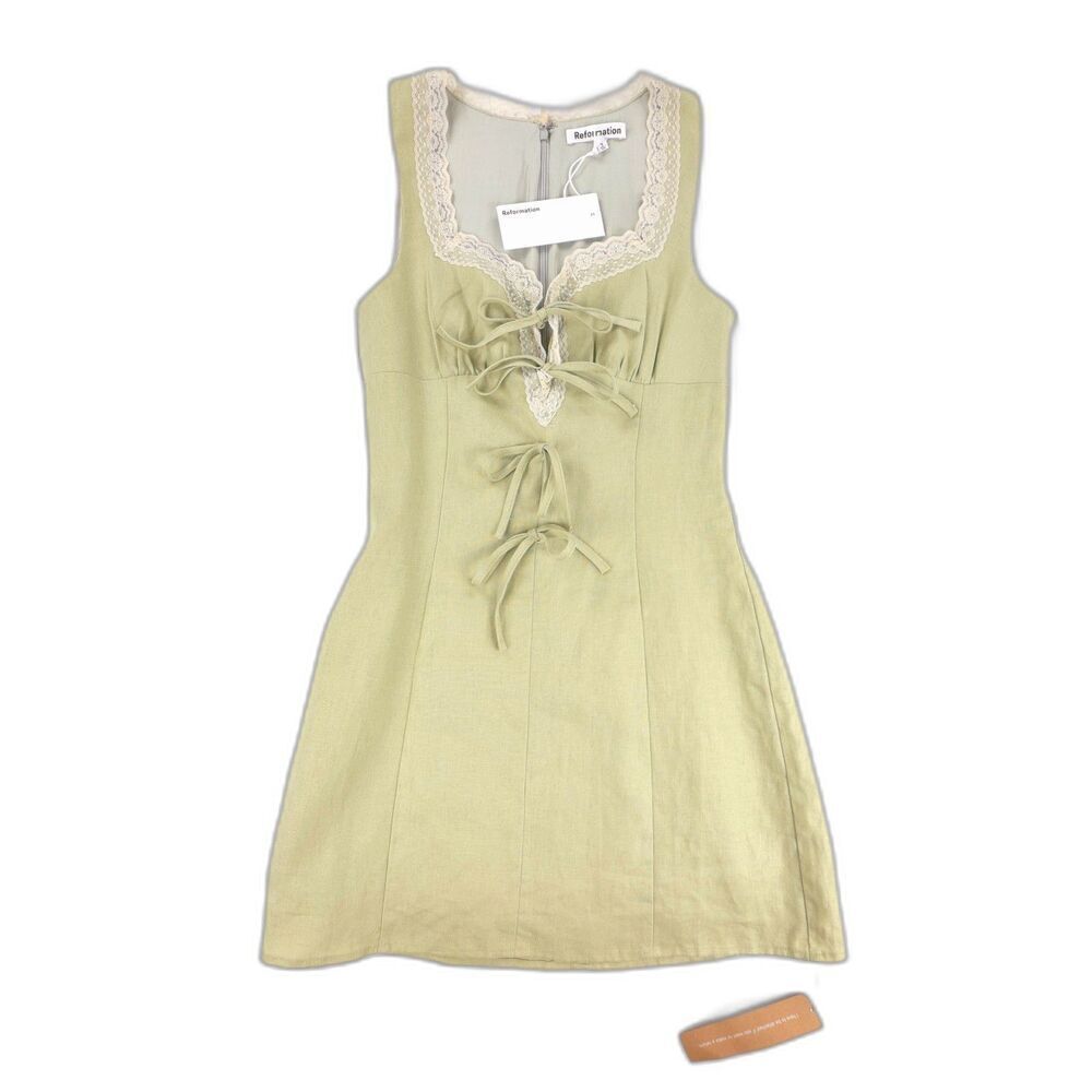 NWT Reformation Reia Linen Dress Dried Herbs Green 90s Soft Girl Lolita Coquette